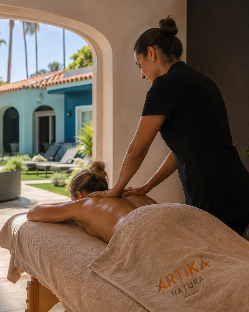 Massage therapist giving back massage at Artika Natura naturist resort Gran Canaria